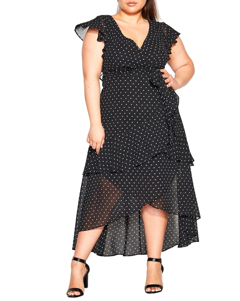Front of a model wearing a size L MAXI FLIRTY TIER PRT in Dainty Spot by City Chic. | dia_product_style_image_id:293592